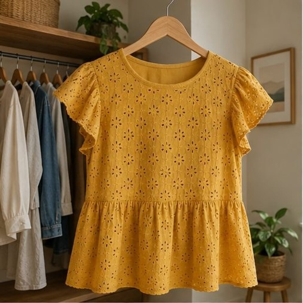 Mustard Eyelet Peplum Blouse